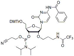 Molecular structure of the compound: N4-Benzoyl-5’-O-DMTr-2’-O-(N3-trifluoroacetyl)
aminopropyl cytidine 3’-CED phosphoramidite