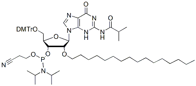 Molecular structure of the compound: N2 -iBu-5’-O-DMTr-2’-O-hexadecanyl guanosine 3’-CED phosphoramidite