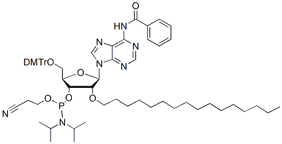 Molecular structure of the compound: N6 -Bz-5’-O-DMTr-2’-O-hexadecanyl adenosine 3’-CED phosphoramidite