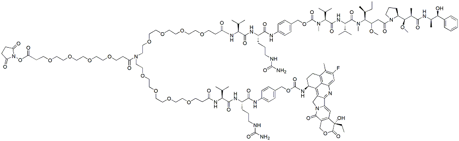 Molecular structure of the compound: N-(NHS-PEG4)-N-(PEG4-Val-Cit-PAB-MMAE)-N-(PEG4-Val-Cit-PAB-Exatecan)
