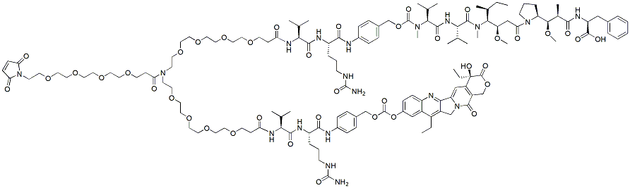 Molecular structure of the compound: N-(Mal-PEG4)-N-(PEG4-Val-Cit-PAB-MMAF)-N-(PEG4-Val-Cit-PAB-SN-38)