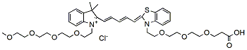 Molecular structure of the compound: N-(m-PEG4)-3,3-Dimethyl-3H-indole-N-(acid-PEG3)-Benzothiazole Cy5