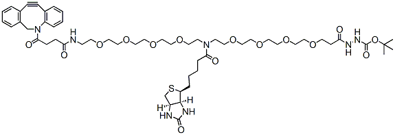 Molecular structure of the compound: N-(DBCO-N-amido-PEG4)-N-Biotin-PEG4-t-Boc-Hydrazide