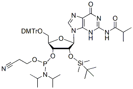 Molecular structure of the compound: 5-O-DMT-2-O-TBDMS-N2-Isobutyryl-Guanosine-CE Phosphoramidite