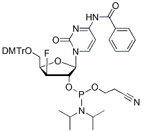 Molecular structure of the compound: N4-Benzoyl-5-O-(4,4-dimethoxytrityl)-3-deoxy-3-fluoro-beta-D-xylofuranosyl cytidine-2-CED-phosphoramidite