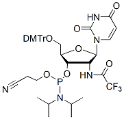 Molecular structure of the compound: 2-Deoxy-2-(N-trifluoroacetyl)amino-5-O-DMTr-uridine 3-CED phosphoramidit