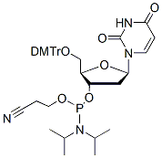 Molecular structure of the compound: 2-Deoxy-5-O-(4,4-dimethoxytrityl) uridine-3-CED phosphoramidite