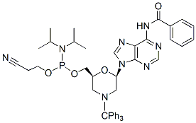 Molecular structure of the compound: N-Trityl-N6-benzoyl-morpholino-A-5-O-phosphoramidite