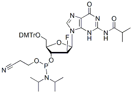 Molecular structure of the compound: N2-iso-Butyroyl-5-O-(4,4-dimethoxytrityl)-2-deoxy- fluoro-2-arabinoguanosine-3-CED-phosphoramidite