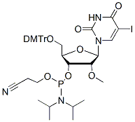 Molecular structure of the compound: 5-O-DMTr-2-OMe-5-iodouridine-3-CEN-phosphoramidite