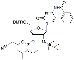 Molecular structure of the compound: N4-Bz-5-O-DMTr-2-O-(N3-Tfa) aminopropyl cytidine 3-CED phosphoramidite