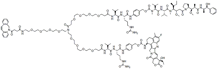 Molecular structure of the compound: N-(DBCO-PEG4)-N-(PEG4-Val-Cit-PAB-MMAE)-N-(PEG4-Val-Cit-PAB-Exatecan)