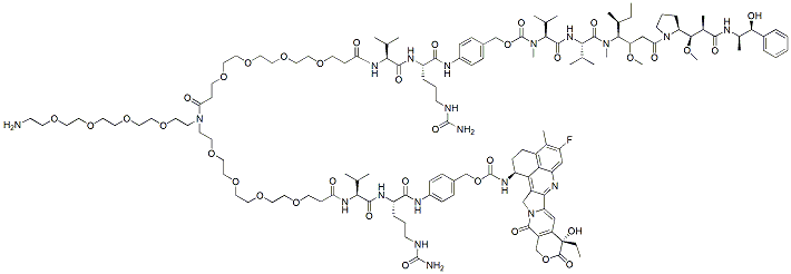 Molecular structure of the compound: N-(Amino-PEG4)-N-(PEG4-Val-Cit-PAB-MMAE)-N-(PEG4-Val-Cit-PAB-Exatecan)