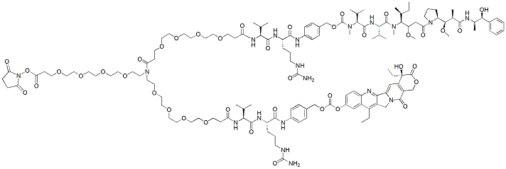 Molecular structure of the compound: N-(NHS-PEG4)-N-(PEG4-Val-Cit-PAB-MMAE)-N-(PEG4-Val-Cit-PAB-SN-38)