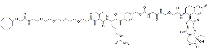 Molecular structure of the compound: Cylclooctene-O-amido-PEG4-VC-PAB-Gly-Gly-NH-O-CO-Exatecan