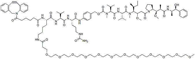 Molecular structure of the compound: N1-(DBCO-C6-carbonyl)-N6-(m-PEG12)-Lys-Val-Cit-PAB-MMAE