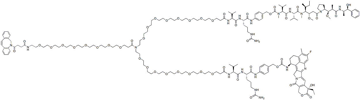 Molecular structure of the compound: N-(DBCO-PEG8)-N-(PEG8-Val-Cit-PAB-MMAE)-N-(PEG8-Val-Cit-PAB-Exatecan)