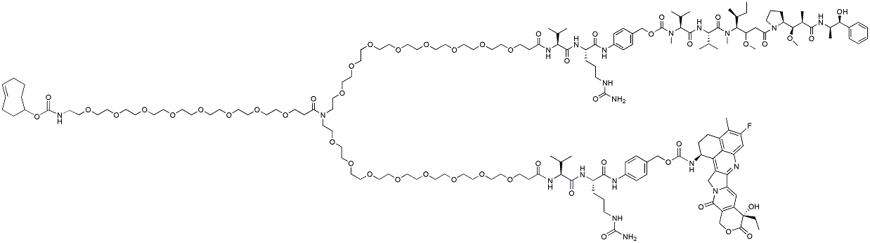 Molecular structure of the compound: N-(TCO-PEG8)-N-(PEG8-Val-Cit-PAB-MMAE)-N-(PEG8-Val-Cit-PAB-Exatecan)